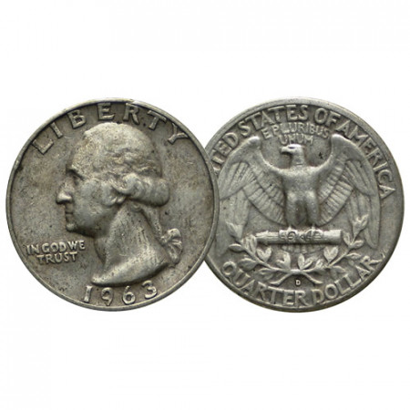 1963 D * Quart de Dollar (25 Cents) Argent États-Unis "Washington Quarter" (KM 164) TTB