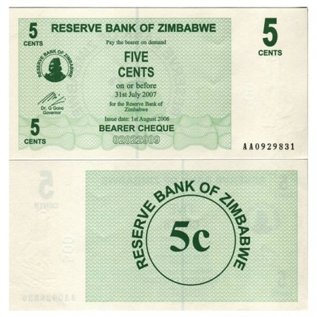 2006 (2007) * Billet Zimbabwe 5 Cents "Bearer Cheque" (p34) NEUF