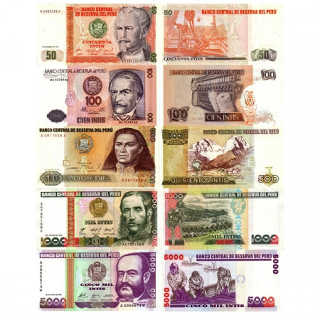 1985-91 * Lot 5 Billet Pérou 50, 100, 500, 1000, 5000 Intis "Inti System" (p131 -> 137) NEUF