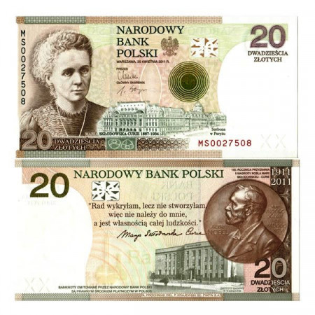 2011 * Billet Pologne 20 Zlotych "Marie Sklodowska-Curie" (p182) NEUF