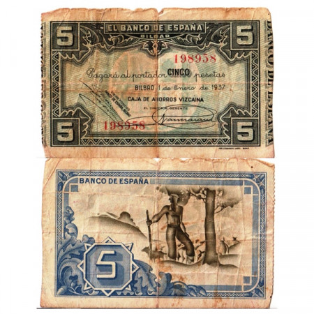 1937 * Billet Espagne 5 Pesetas "Banco de Bilbao" (pS561) TB