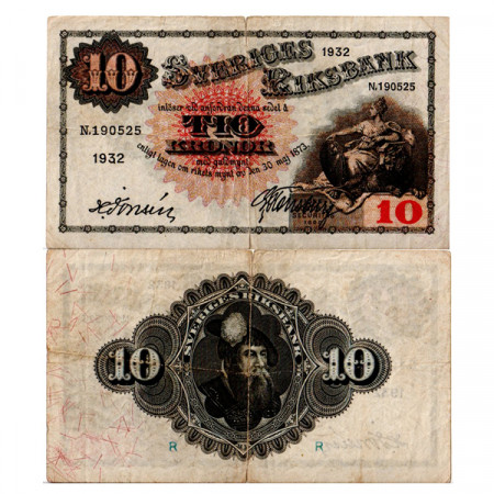 1932 * Billet Suède 10 Kronor "Madre Svea - Gustav Vasa" (p34o) TB