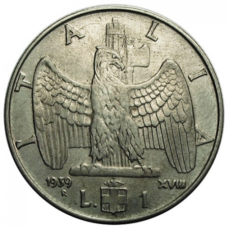 1939 XVIII * 1 Lira Italie Royaume "Victor-Emmanuel III - Impero" Magnétique (KM 77b) moy.TTB