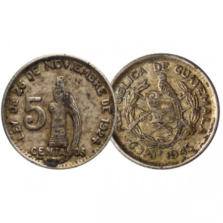 1945 * 5 Centavos Argent Guatemala "Quetzal on Column" (KM 238.1) TTB