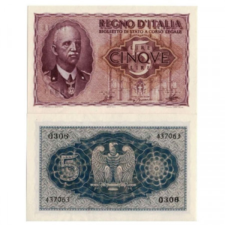 1944 XXII * Billet Italie Royaume 5 Lire "Victor-Emmanuel III - Imperiale" BS.61 (p28) NEUF