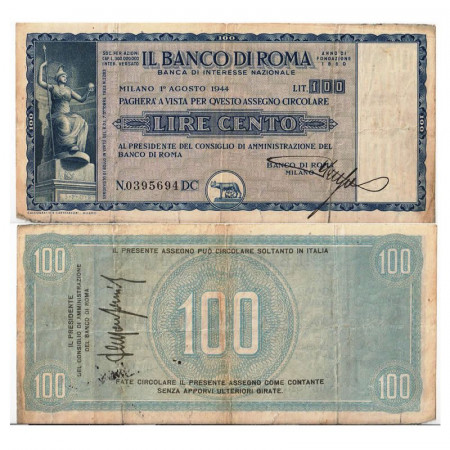 1944 * Chèque Italie RSI 100 Lire "Banco Di Roma - Sede di Milano" TB+