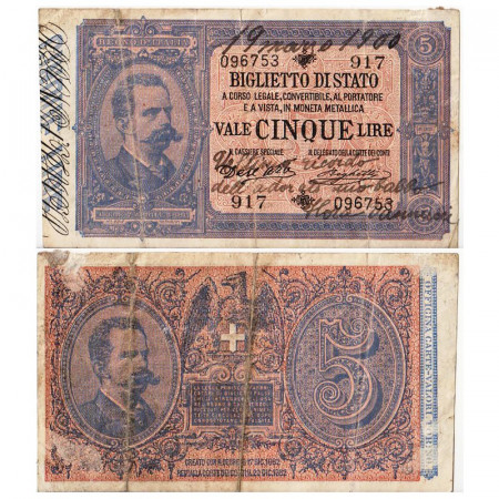 1892 (25/10) * Billet Italie Royaume 5 Lire "Humbert Ier" Biglietto di Stato BI.47 (p18c) TB