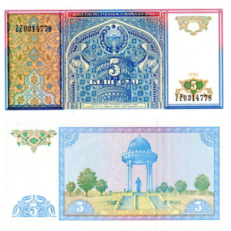 1994 * Billet Ouzbékistan 5 Sum "Ali Shir Nawai - Tashkent – REPLACEMENT" (p75r) NEUF