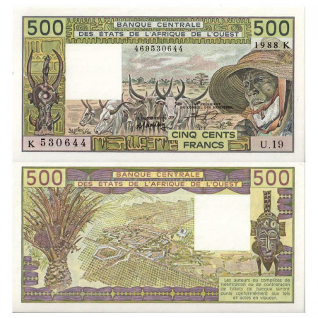 1988 K * Billet États Afrique de l'Ouest "Senegal" 500 Francs "Zebus" (p706Ka) NEUF