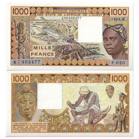 1988 K * Billet États Afrique de l'Ouest "Senegal" 1000 Francs "Mining" (p707Ka) NEUF