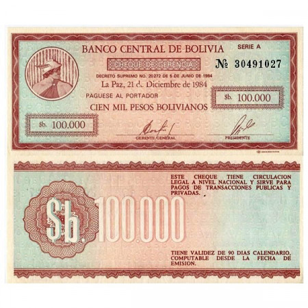 D. 1984 * Billet Bolivia 100.000 Pesos Boliviano "Cheque de Gerencia" (p188) NEUF