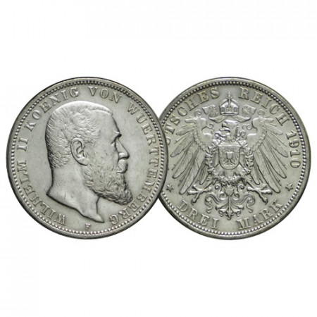 1910 F * 3 Mark Argent États Allemands "Wurtemberg - Wilhelm II" (KM 635) TTB+