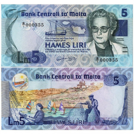 L.1967 (1986) * Billet Malte 5 Liri "Agatha Barbara" (p38) NEUF