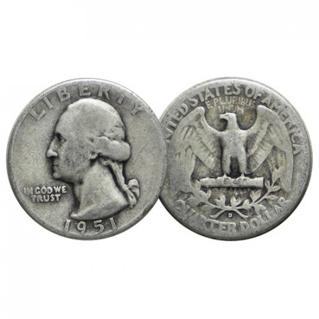 1951 D * Quart de Dollar (25 Cents) Argent États-Unis "Washington Quarter" (KM 164) TB
