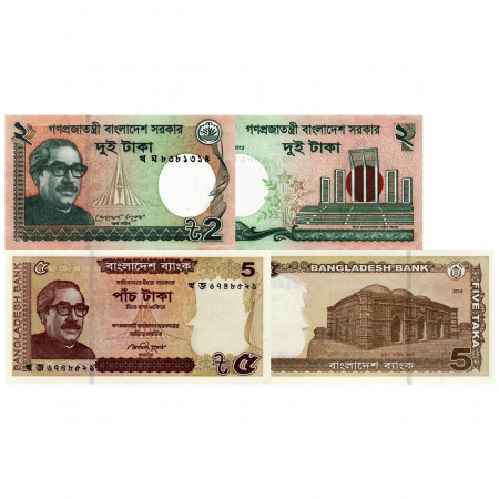 2011-2014 * Lot 2 Billets Bangladesh 2, 5 Taka "Mujibur Rahman" (p52, 53A) NEUF