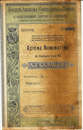 1893 * Acción Nombrada “Società Anonima Cooperativa di Torino” NON EMESSA Lire 60