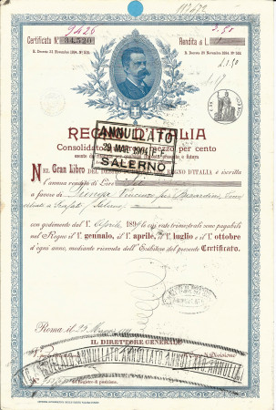 1899 * Deuda Pública - Reino Italia "Humberto I – Salerno Azul"