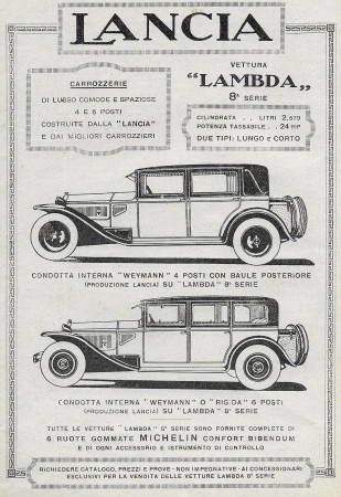 1929 * Anuncio Original "Lancia - Lambda 8° Serie" en Passepartout