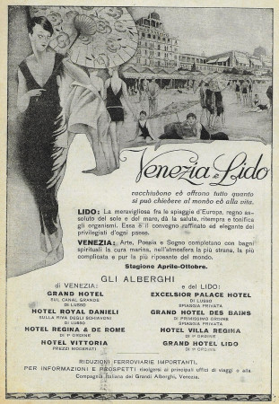 1928 * Anuncio Original "Lido Venezia - Gli Alberghi Aprile-Ottobre" en Passepartout