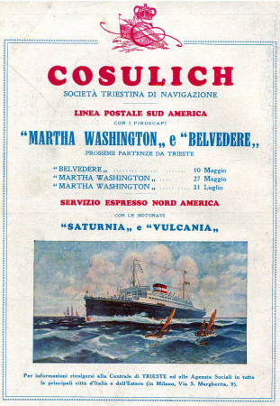 1930 * Anuncio Original "Cosulich - Martha Washington e Belvedere" en Passepartout
