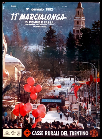 1982 * Cartel Original "11° Marcialonga di Fiemme e Fassa, Dolomiti - Sci Gran Fondo"Italia (B+)