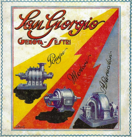 1928 * Anuncio Original "Pompe San Giorgio - Giallo, Arancione, Grigio - BIANCHI" en Passepartout