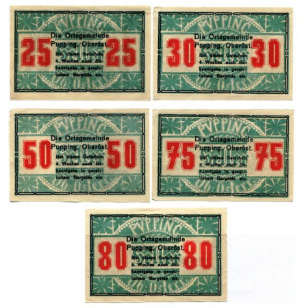 1920 * Lote 5 Notgeld Austria 25 . 30 . 50 . 75 . 80 Heller "Alta Austria - Pupping" (A 4070)
