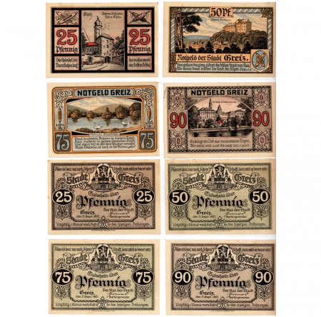 1921 * Lote 4 Notgeld Alemania 25 . 50 . 75 . 90 Pfennig "Turingia - Greiz" (471.1)