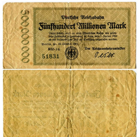1923 * Billete Alemania Ferrocarril 500 Millones - 500.000.000 Mark "Deutsche Reichsbahn Berlin" (pS1019) RC