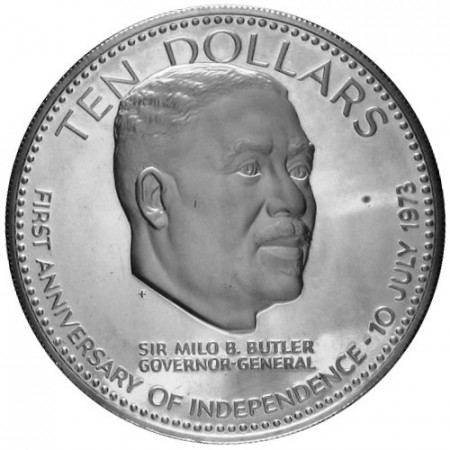 1974 * 10 Dólars en plata Bahamas 1° Aniversario de Independencia