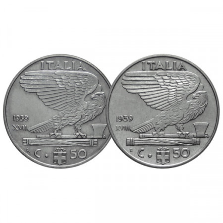 1939 XVII * 2 x 50 Céntimos Italia Víctor Manuel III "Impero" Magnética + Antimagnética cSC 