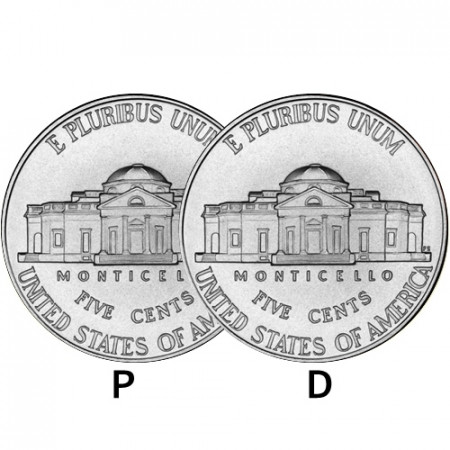 2006 * 2 x 5 Cents Níquel de Dólar Estados Unidos "Jefferson Nickel - Monticello" (KM 381) P+D