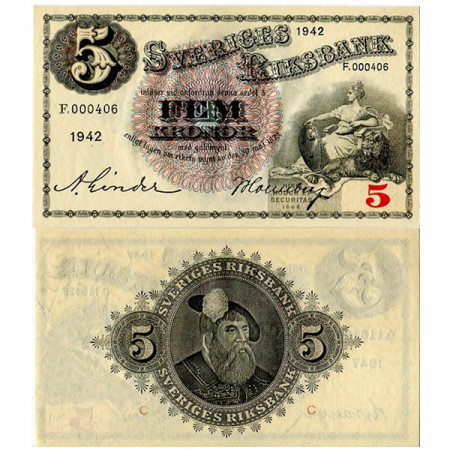 1942 * Billete Suecia 5 Kronor “Madre Svea - Gustav Vasa” (p33y) SC