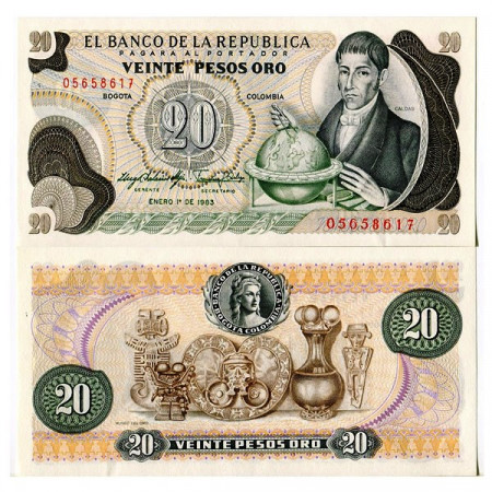 1983 * Billete Colombia 20 Pesos Oro "F José de Caldas" (p409d) SC