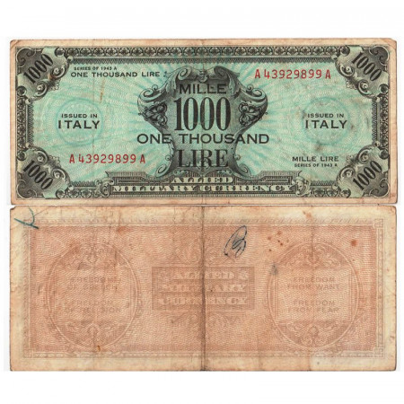 1943 A * Billete Italia 1000 AM Lire "Ocupación Estadounidense - Bilingüe" (A1165 pM23) BC+