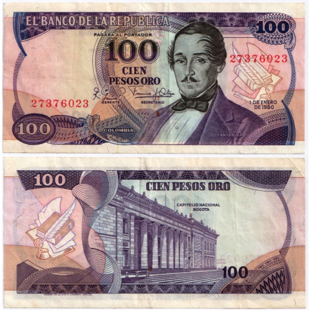 1980 * Billete Colombia 100 Pesos Oro "General Santander" (p418b) MBC