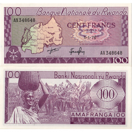 1976 * Billete Ruanda 100 Francs (Amafranga) "Map" (p8d) SC