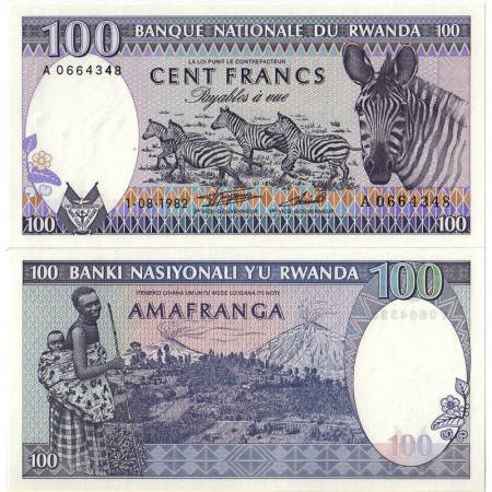 1982 * Billete Ruanda 100 Francs (Amafranga) "Zebras" (p18) SC
