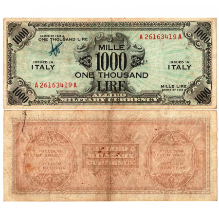 1943 A * Billete Italia 1000 AM Lire "Ocupación Estadounidense - Bilingüe" (A1165 pM23) BC+