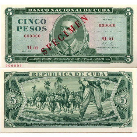 1972 * Billete Cuba 5 Pesos "A Maceo - SPECIMEN" (p103b-CS10) SC