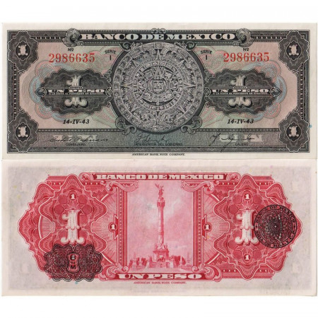 1943 * Billete México 1 Peso "Aztec Calendar" (p28e) cSC