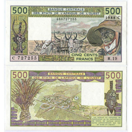 1988 C * Billete Estados África Occidental "Burkina Faso" 500 Francs "Zebus" (p306Ca) SC
