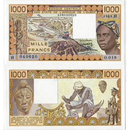 1988 H * Billete Estados África Occidental "Niger" 1000 Francs "Mining" (p607Ha) SC