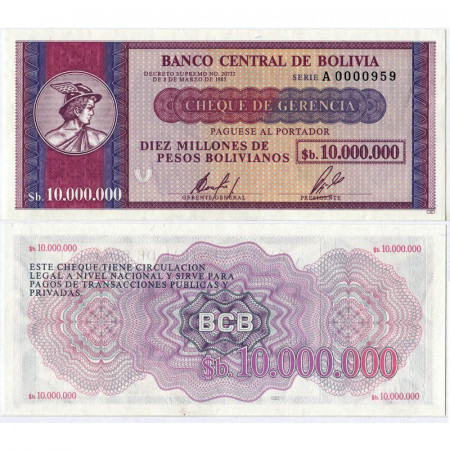 1985 * Billete Bolivia 10 Milioni Pesos Bolivianos "Mercury" (p192) SC