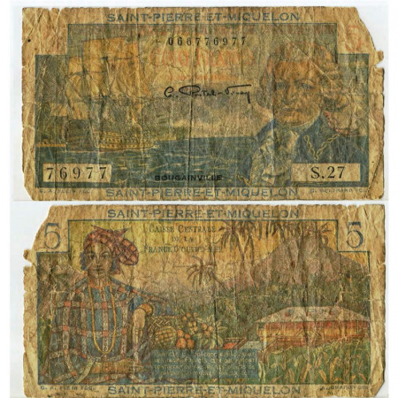 ND (1950-60) * Billete San Pedro y Miquelón 5 Francs "Louis A de Bougainville" (p22) BR