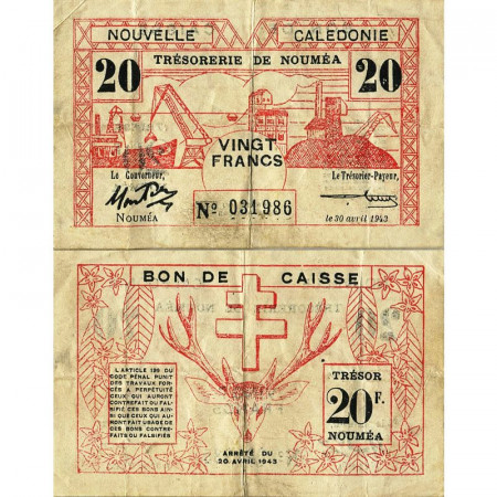 1943 * Billete Nueva Caledonia 20 Francs "Ship Stockpile" (p57a) MBC+