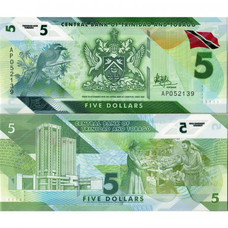 2020 * Billete Polímero Trinidad y Tobago 5 Dollars "Blue-Crowned Motmot" (pW61) SC