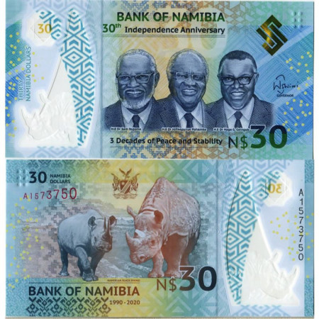 2020 * Billete Polímero Namibia 30 Dollars "Rhinoceros" (pW18) SC