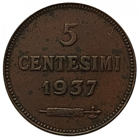 1937 R * 5 Centesimi Cobre San Marino "Valore - Tipo 2" (KM 12) MBC