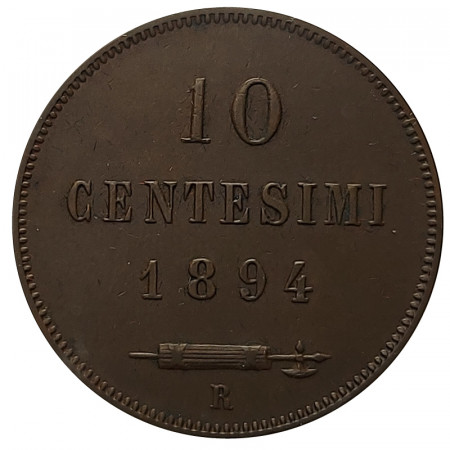 1894 R * 10 Centesimi Cobre San Marino "Valore - Tipo 1" (KM 2) MBC+